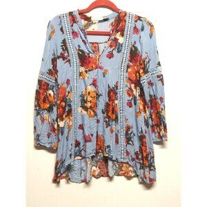 Blu Pepper Boho Tunic Top Hi Low Sz M Cottagecore peasant crochet accent relaxed